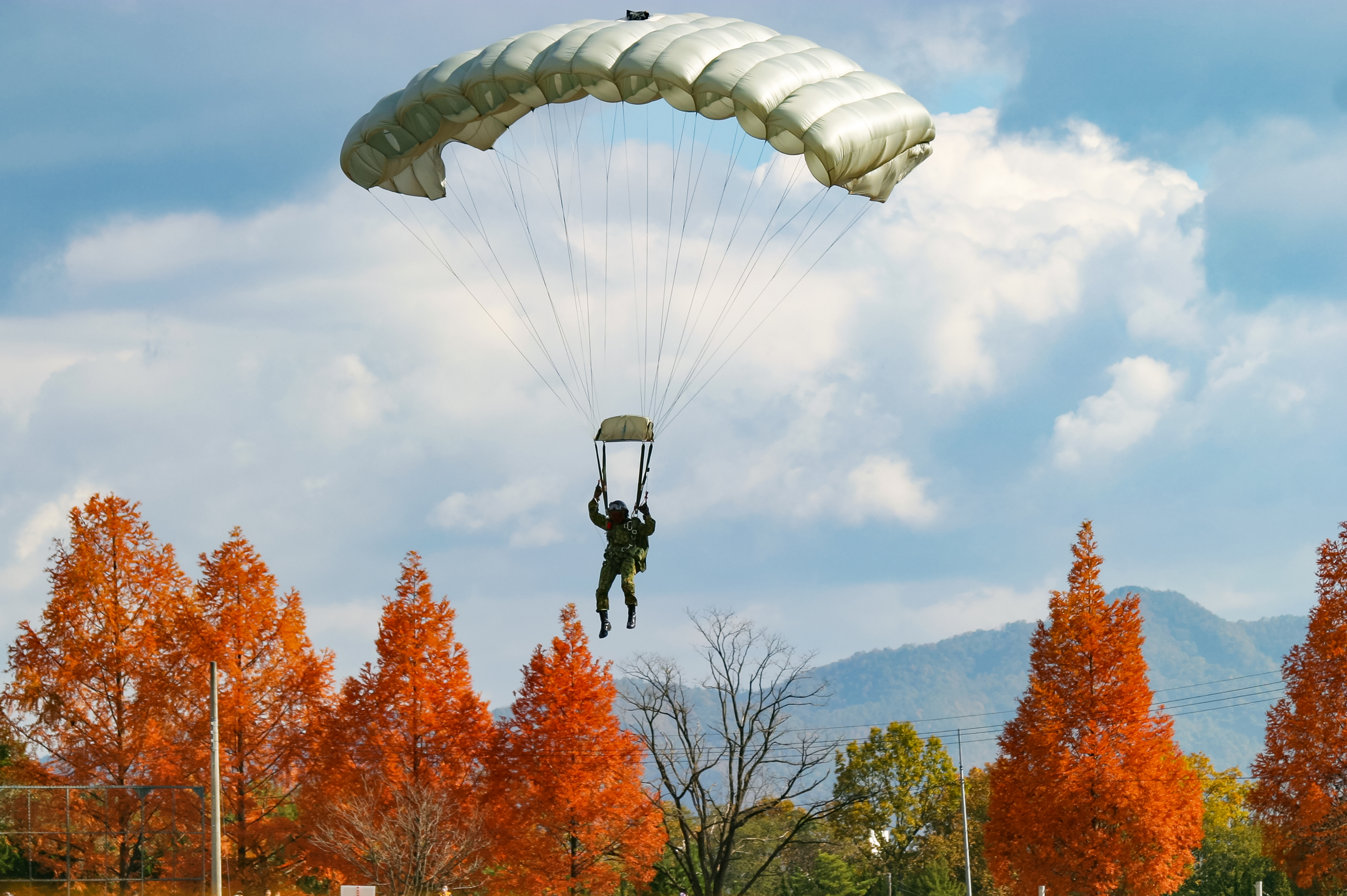 紅葉の景色を背景に降下する陸上自衛隊の空挺隊員